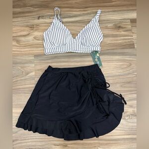 Striped White & Black Bikini Top with Black Swim Skirt